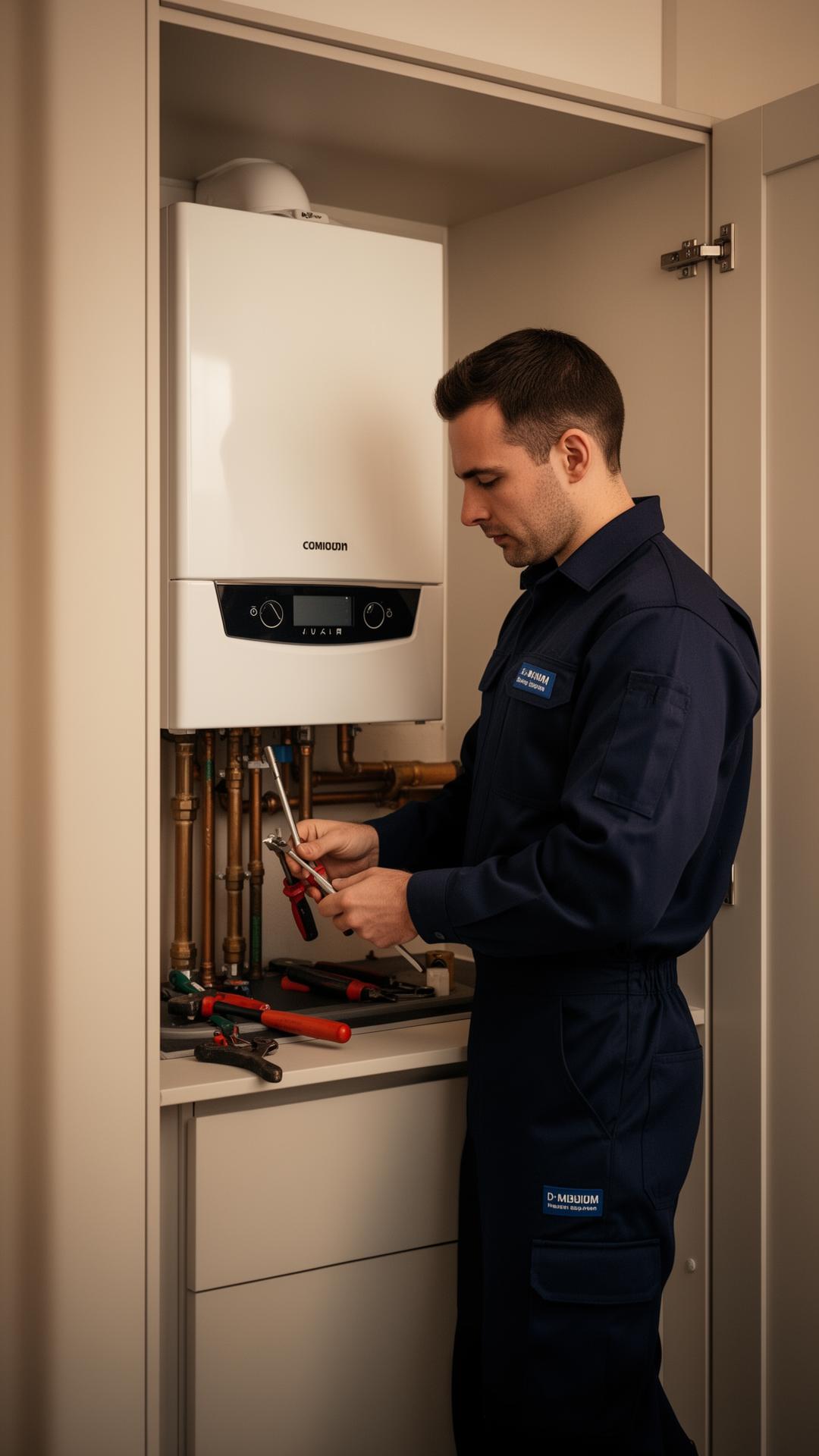 Aphex Heating engineer installing a wall-mounted boiler